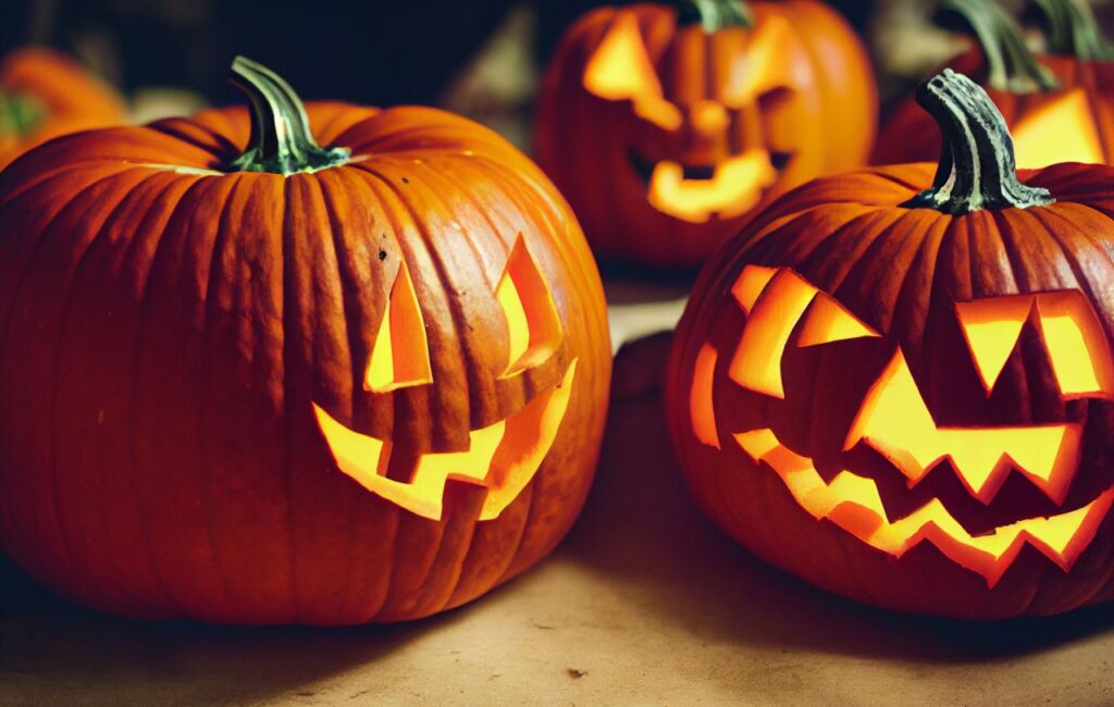 Close-up of carved jack-o'-lanterns glowing in the dark, perfect for Halloween themes.