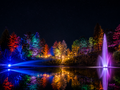 Illuminations at The Blue Pool lighting up the treeline and fountain on the lake