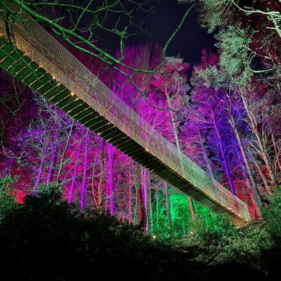 The Blue Pool rope bridge lit in multicolour